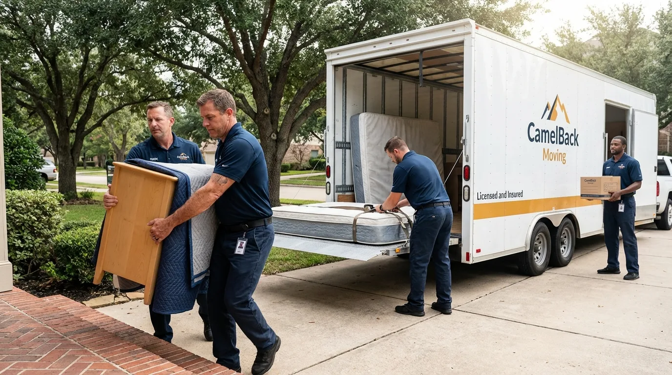 Crew loading residential truck for cross-state move from Vidor, TX