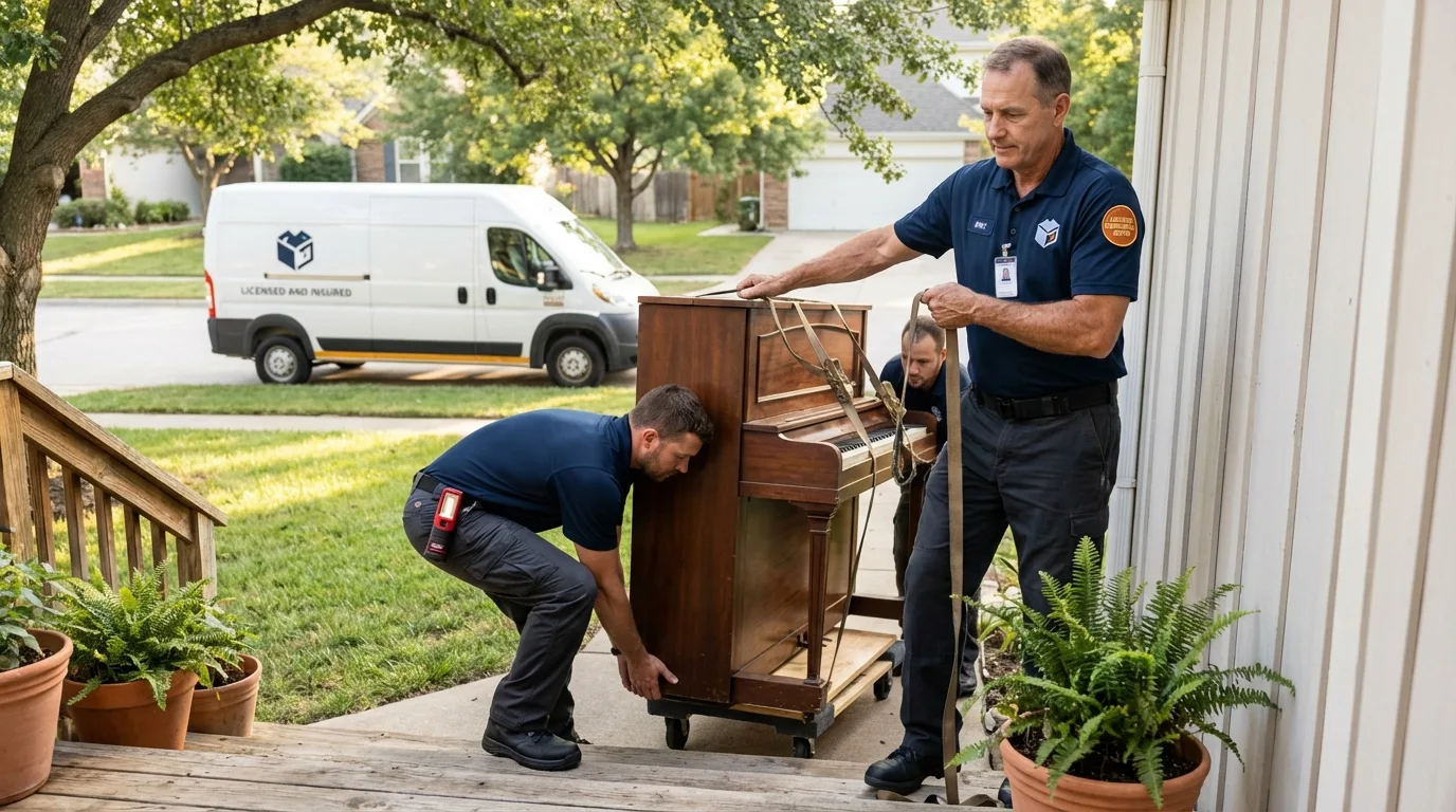 Licensed piano movers securing grand piano in Vidor, TX