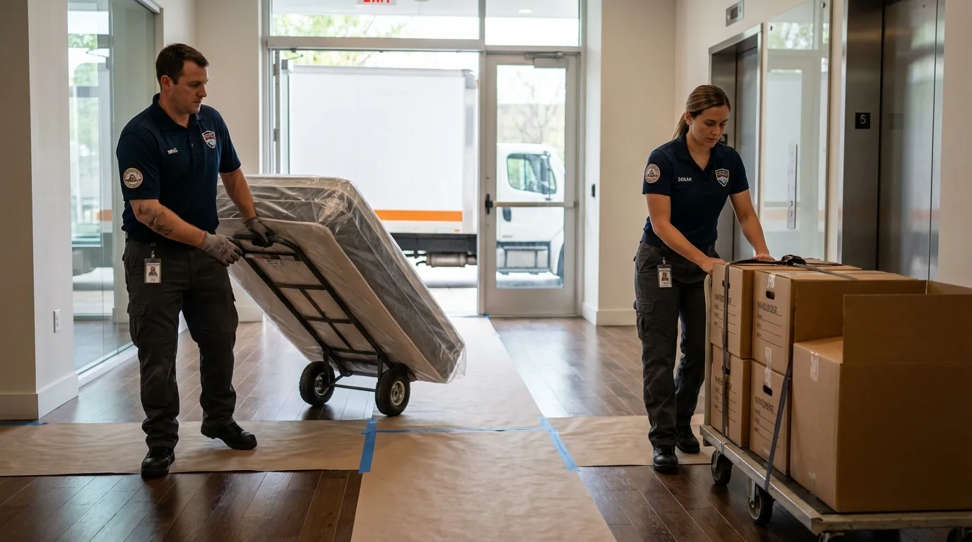 Professional apartment movers loading elevator in Vidor, TX
